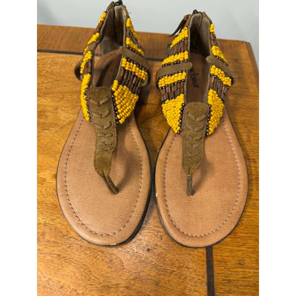 Minnetonka Womens 9 Beaded Boho Thong‎ Sandals Brown Yellow Leather 71301 DST